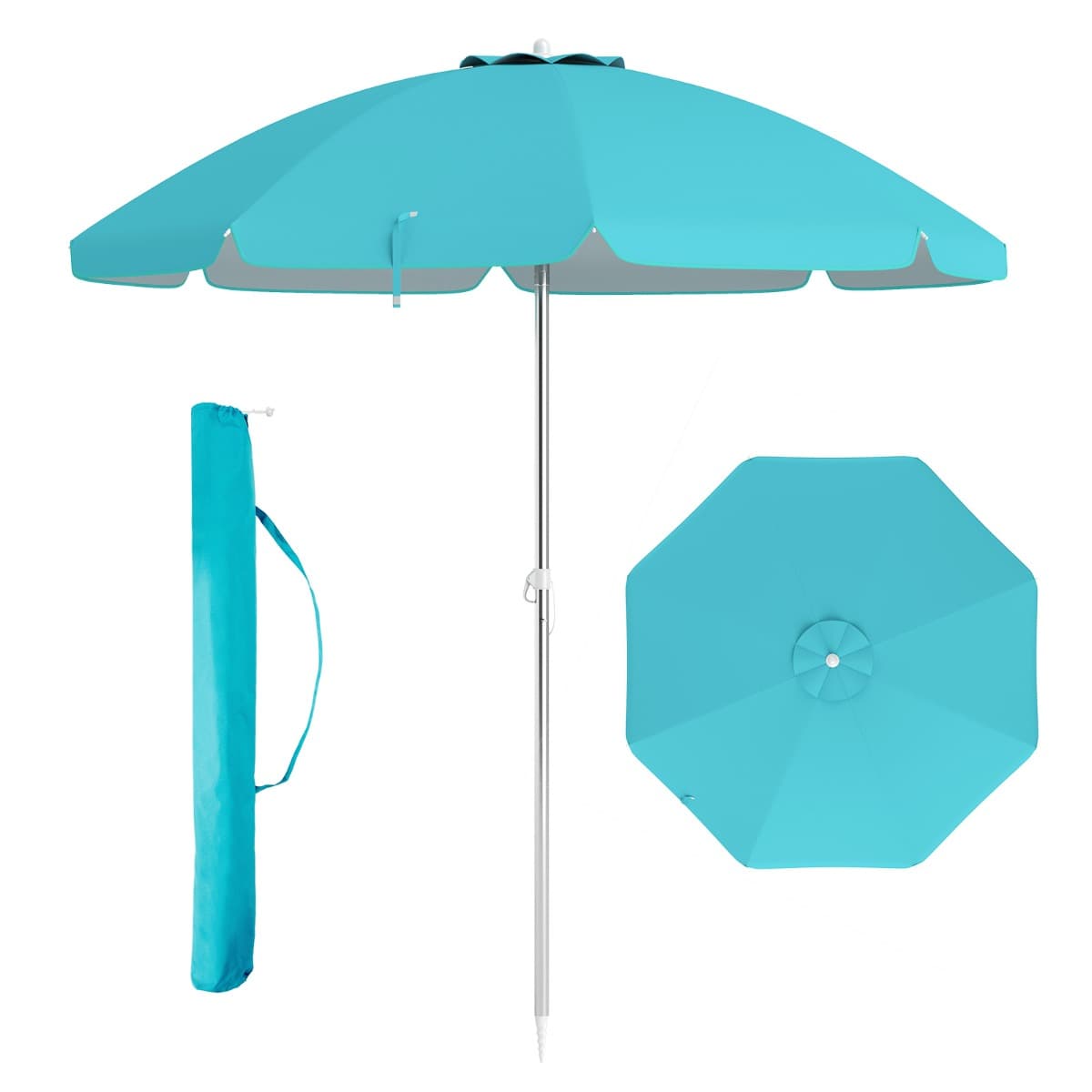 CostwayParasol de Plage de 198 cm avec Bouton Poussoir Inclinable Ancrage pour Sable Sac de Transport Abri Solaire Coupe-Vent Bleu