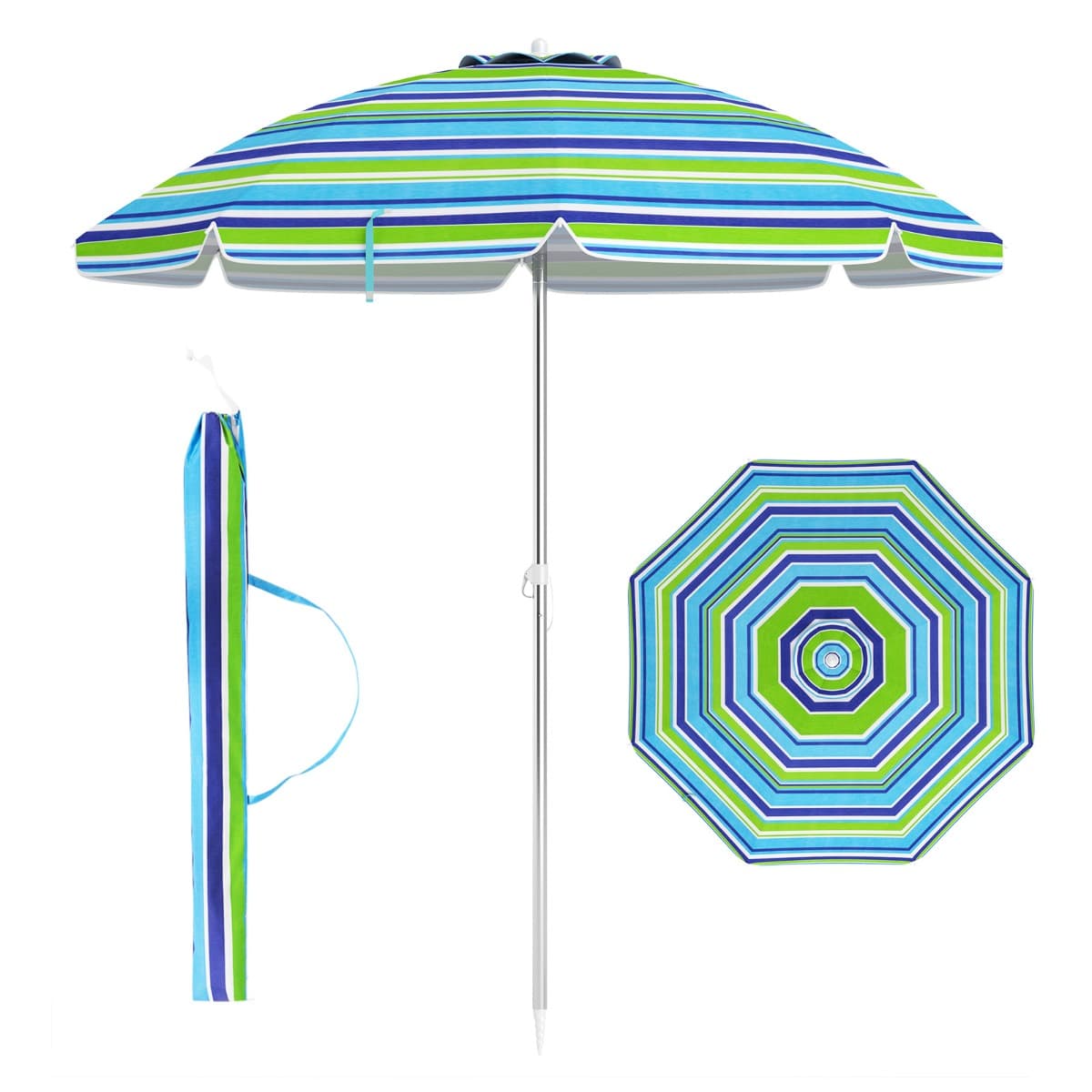 CostwayParasol de Plage de 198 cm avec Bouton Poussoir Inclinable Ancrage pour Sable Sac de Transport Abri Solaire Coupe-Vent Vert