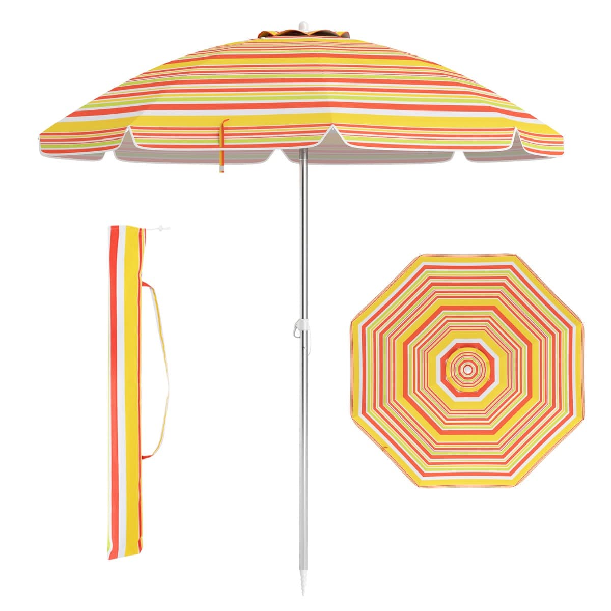 CostwayParasol de Plage de 198 cm avec Bouton Poussoir Inclinable Ancrage pour Sable Sac de Transport Abri Solaire Coupe-Vent Jaune