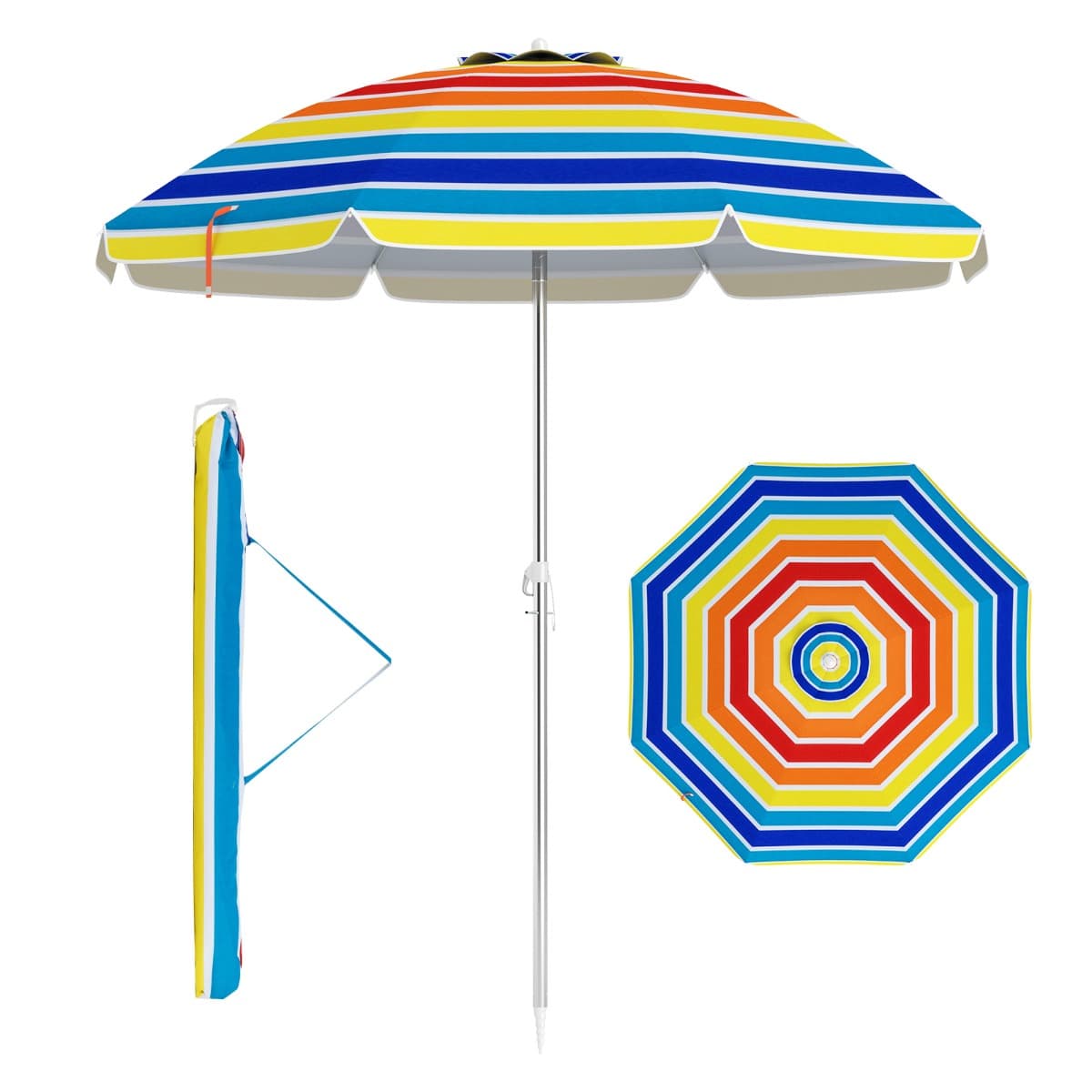 CostwayParasol de Plage de 198 cm avec Bouton Poussoir Inclinable Ancrage pour Sable Sac de Transport Abri Solaire Coupe-Vent Coloré