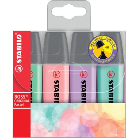 Surligneur STABILO BOSS® ORIGINAL, paquet de 4, pastel, couleurs assorties, pointe biseautée 2-5mm
